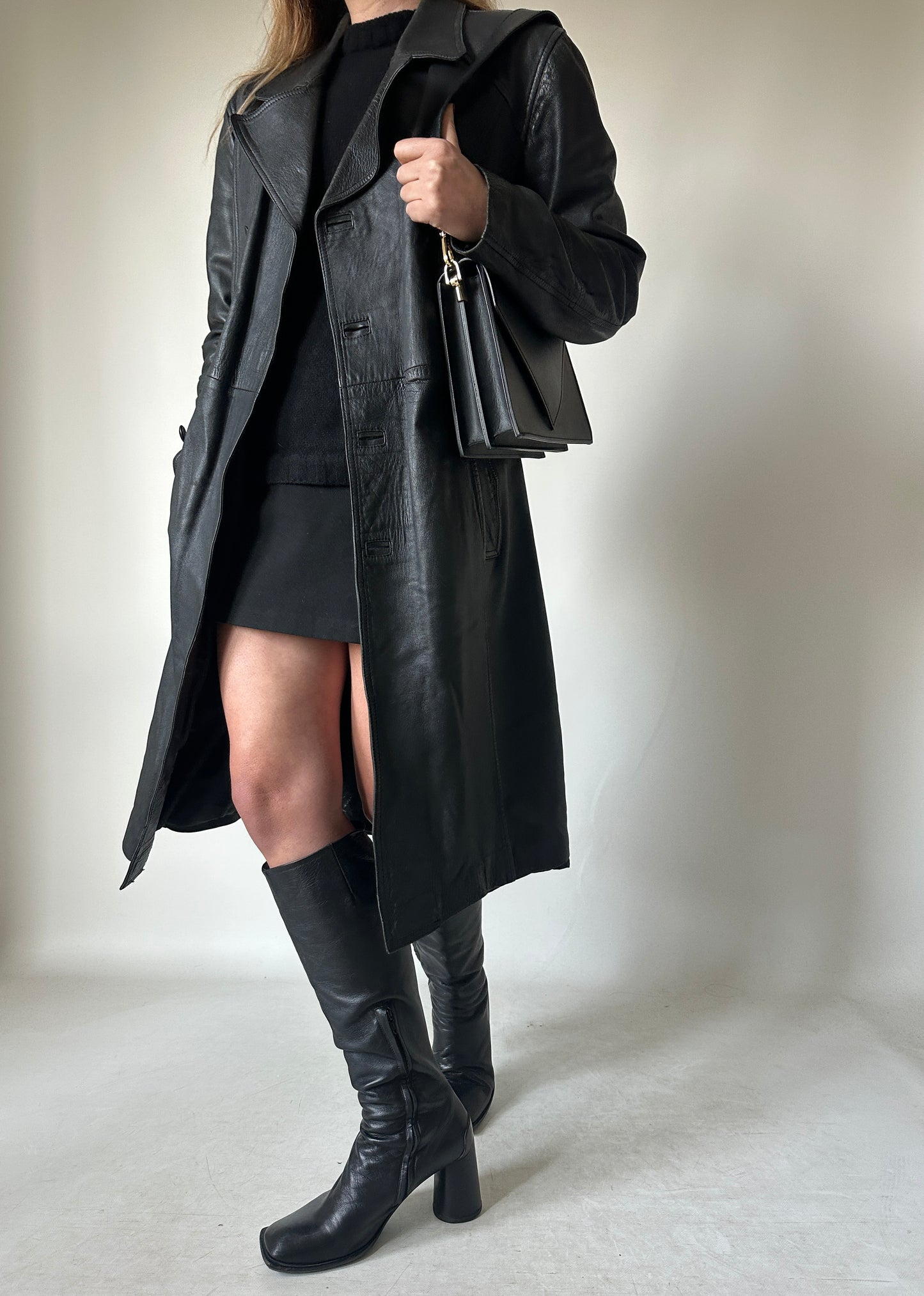Black long leather trench