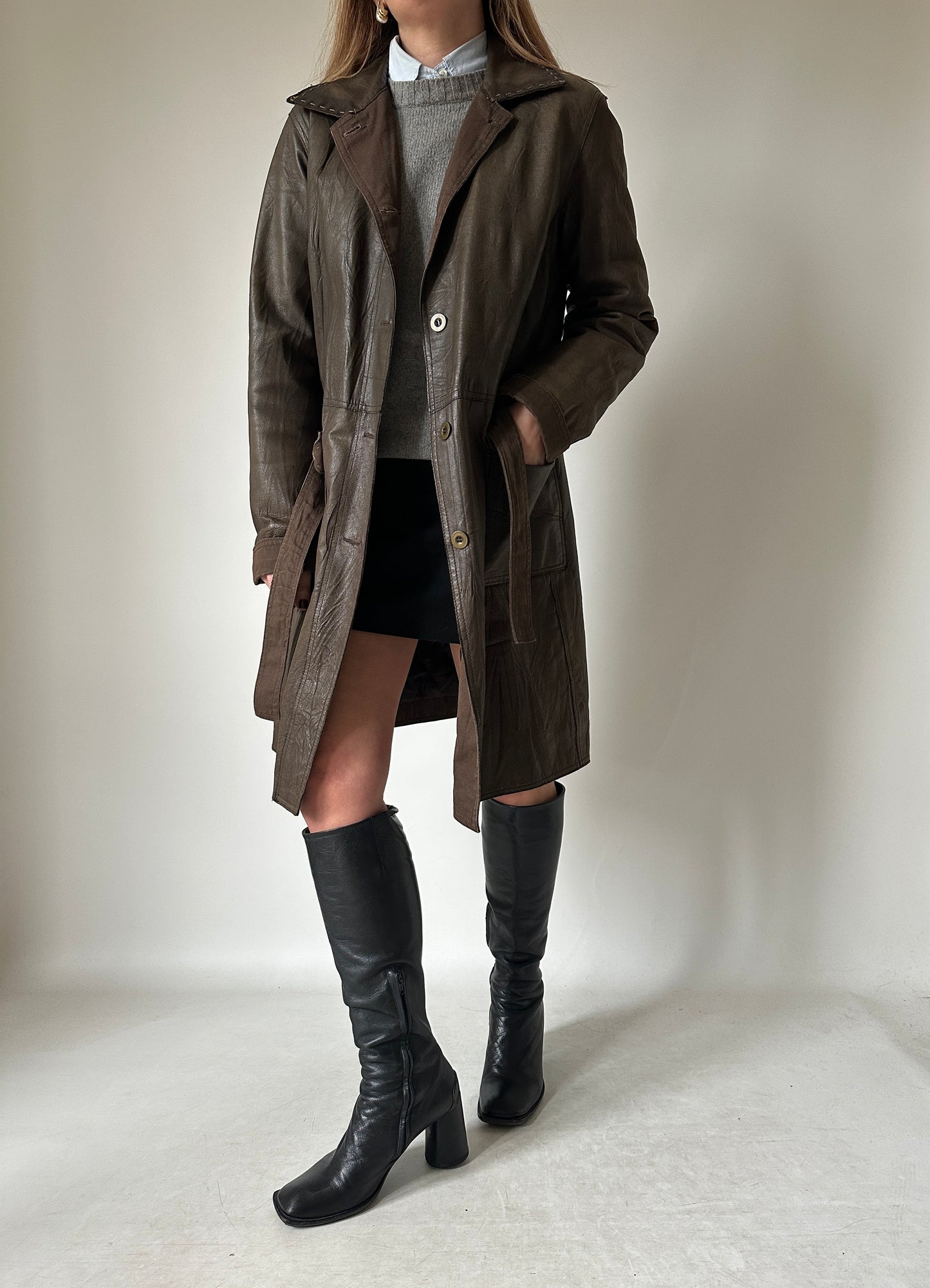 Chocolate leather trench with belt