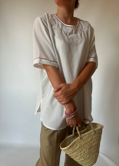 Embroidered white silky shirt