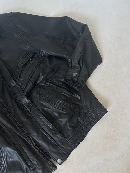 Genderless black leather bomber
