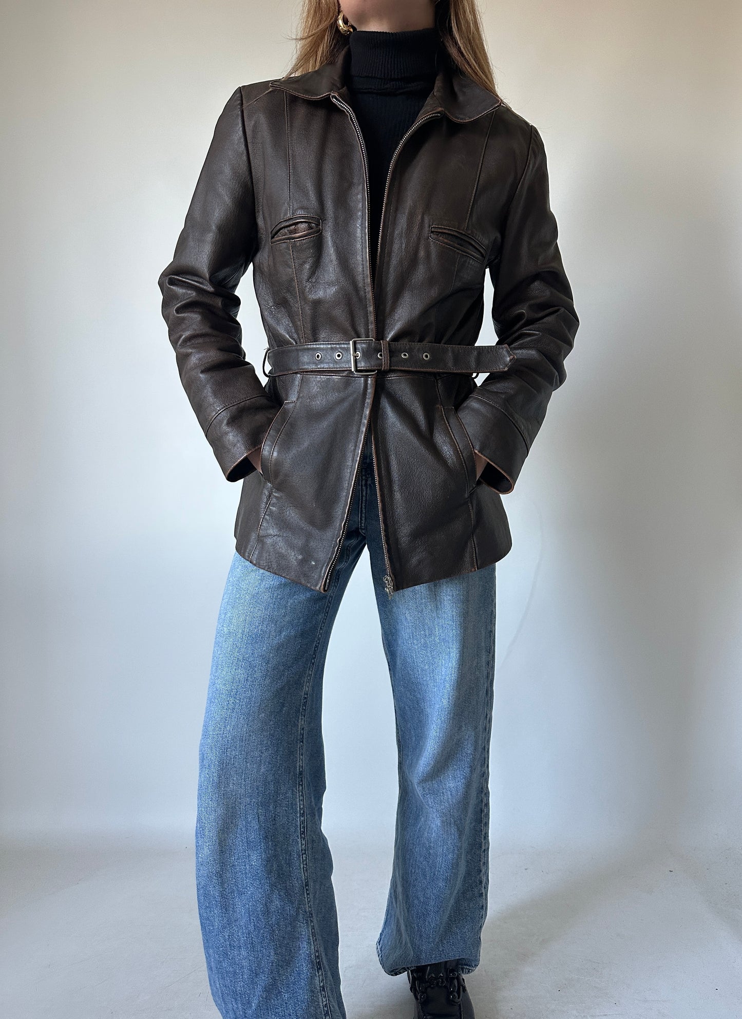 Chocolate distressed leather jacket with belt
