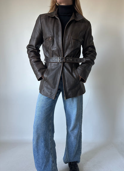 Chocolate distressed leather jacket with belt