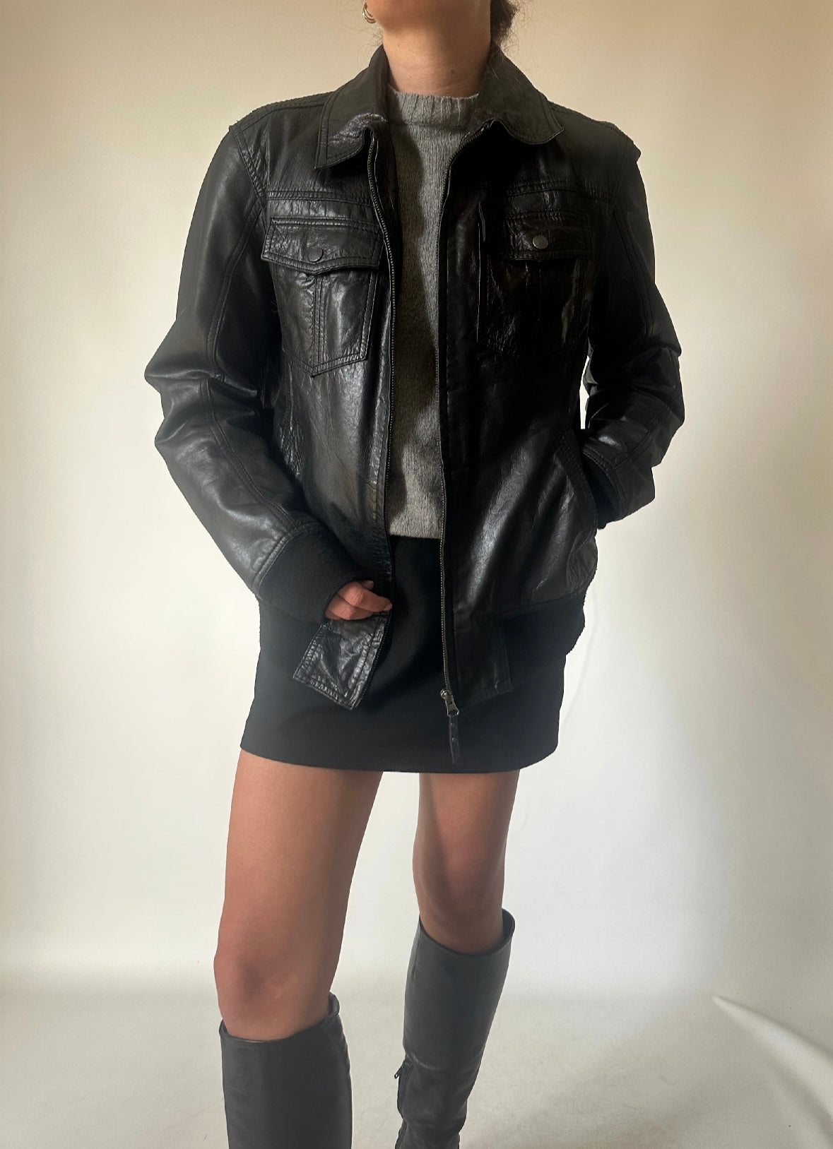 Slim black leather bomber
