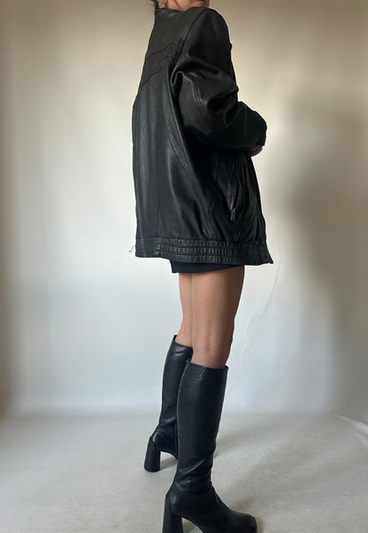 Genderless black leather bomber