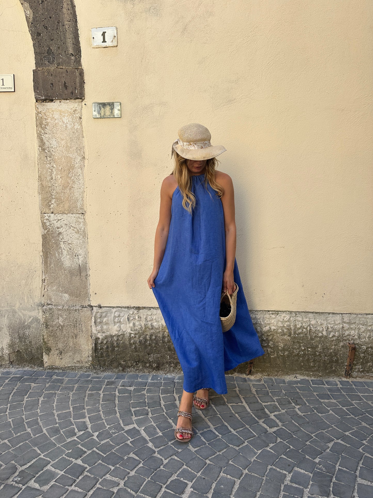 Abito Santorini in puro lino - blu