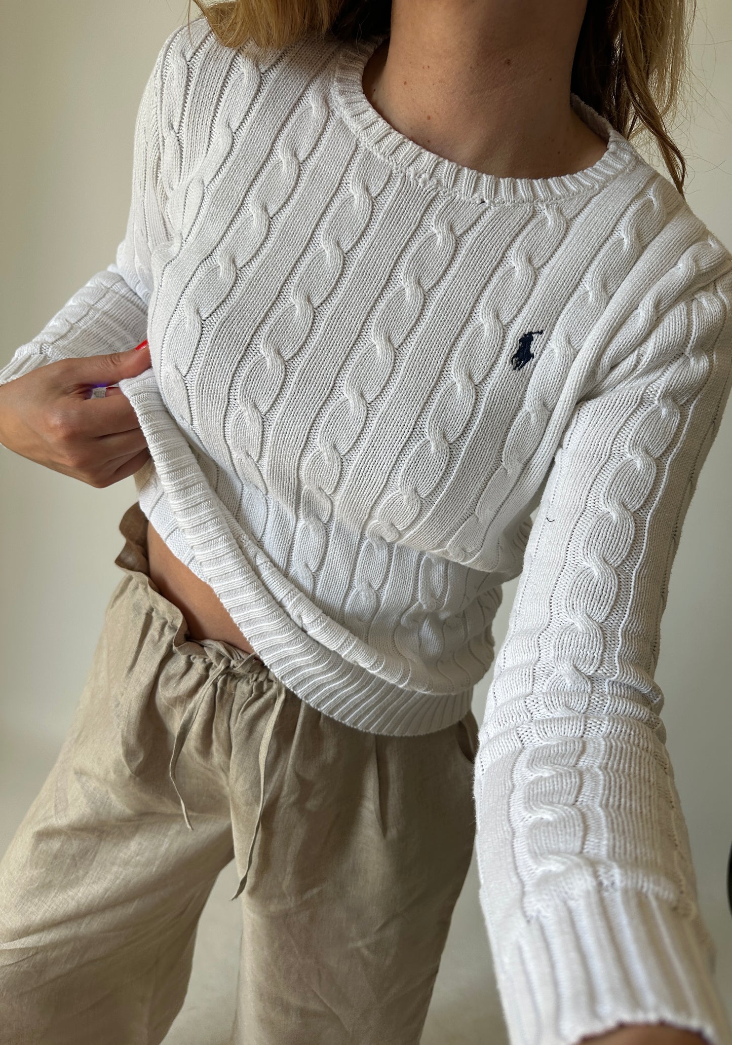 RALPH LAUREN white cable-knit petite sweater