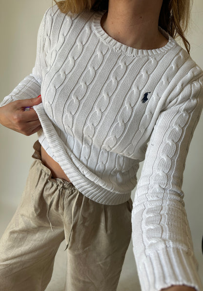 RALPH LAUREN white cable-knit petite sweater