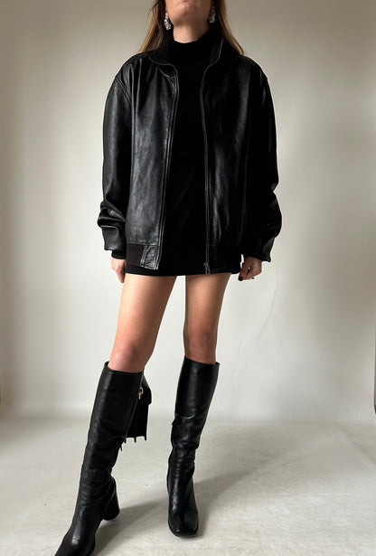 Evergreen black leather bomber