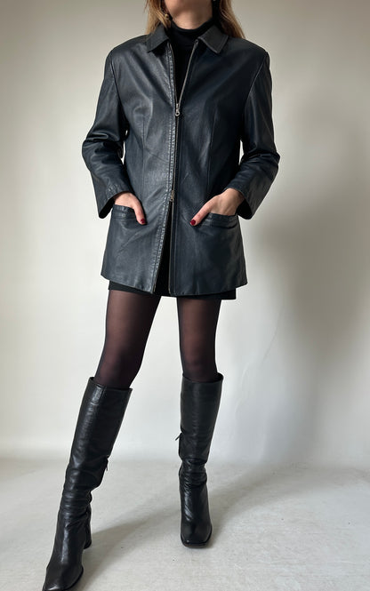Minimal navy leather jacket