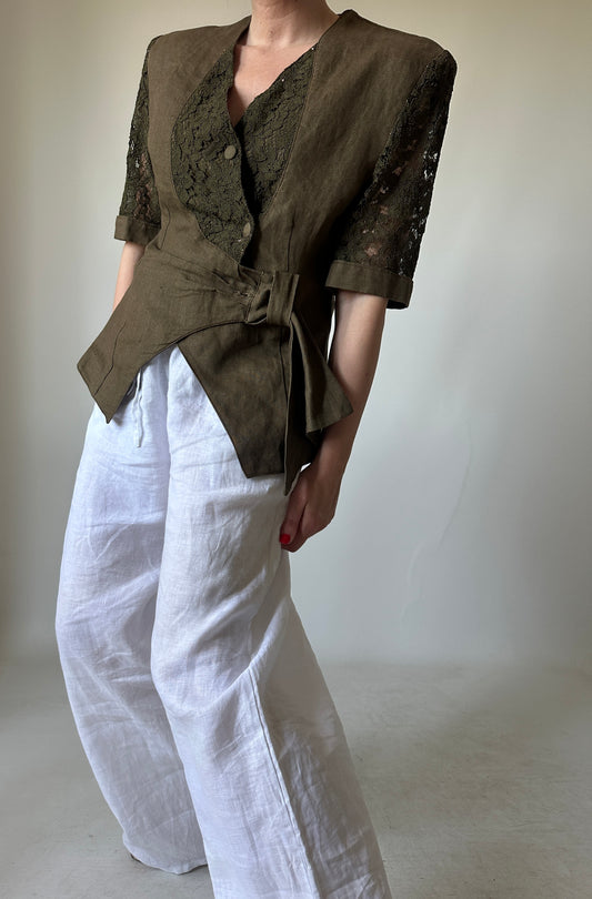 Blazer in lino con maniche ricamate
