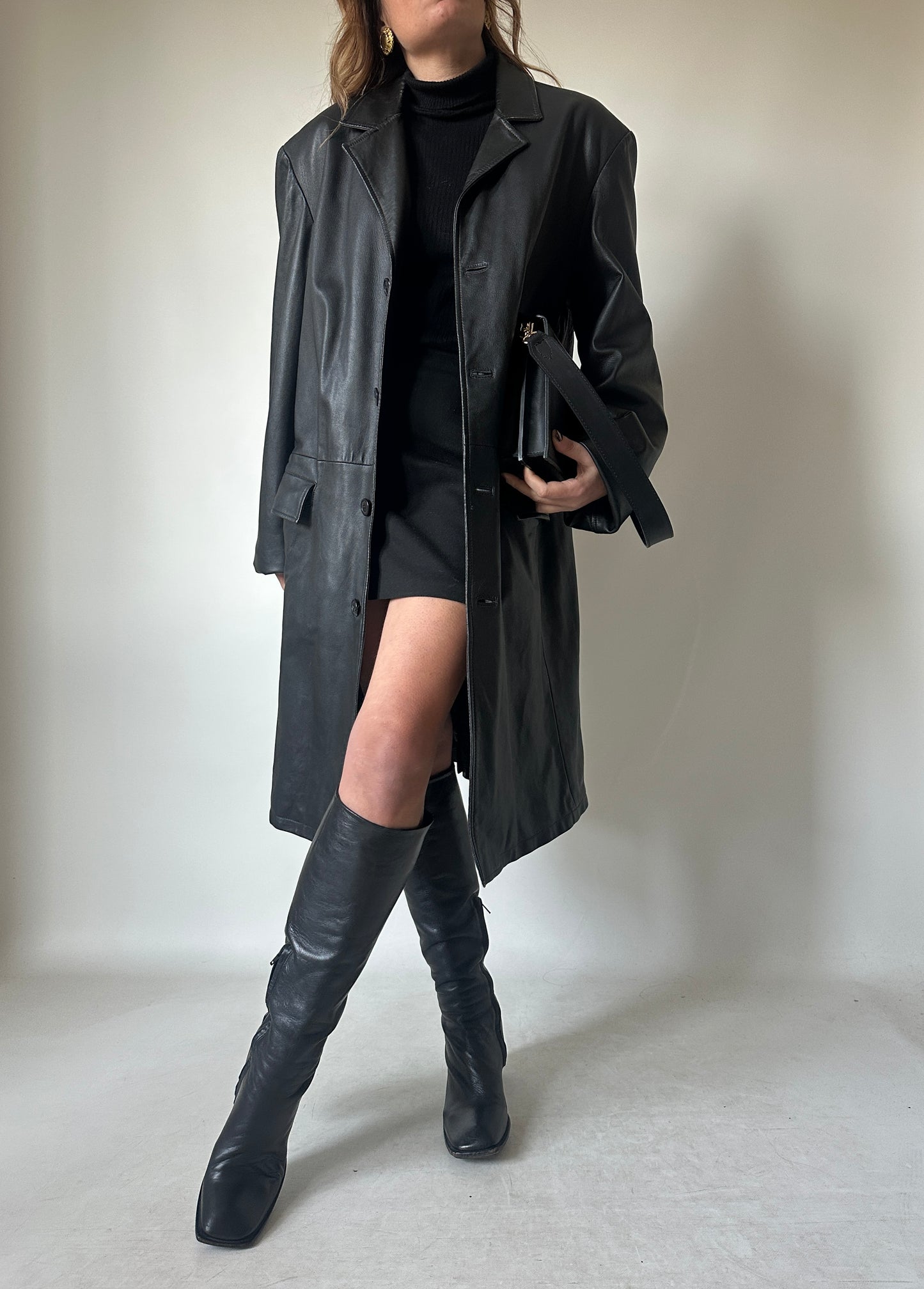 Long leather black coat