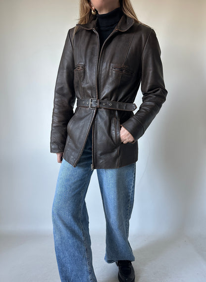 Chocolate distressed leather jacket with belt