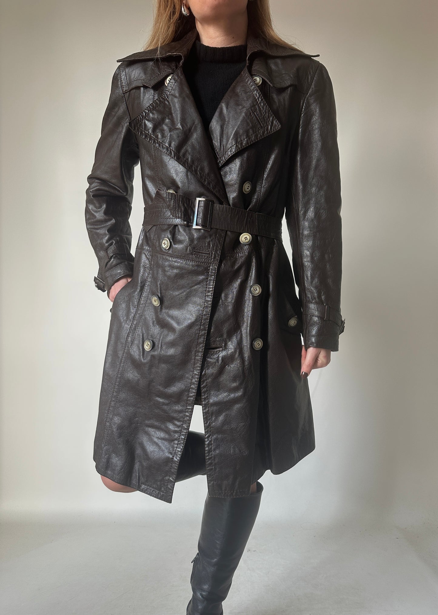Chocolate leather trench with belt