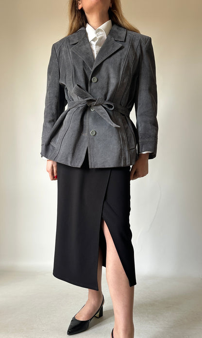 Unique grey suede jacket with belt