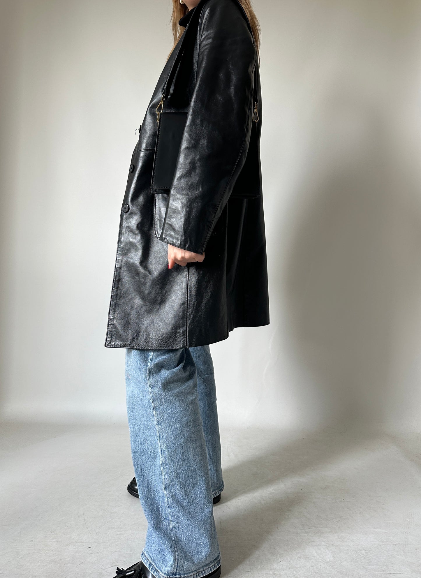 Black leather slim trench