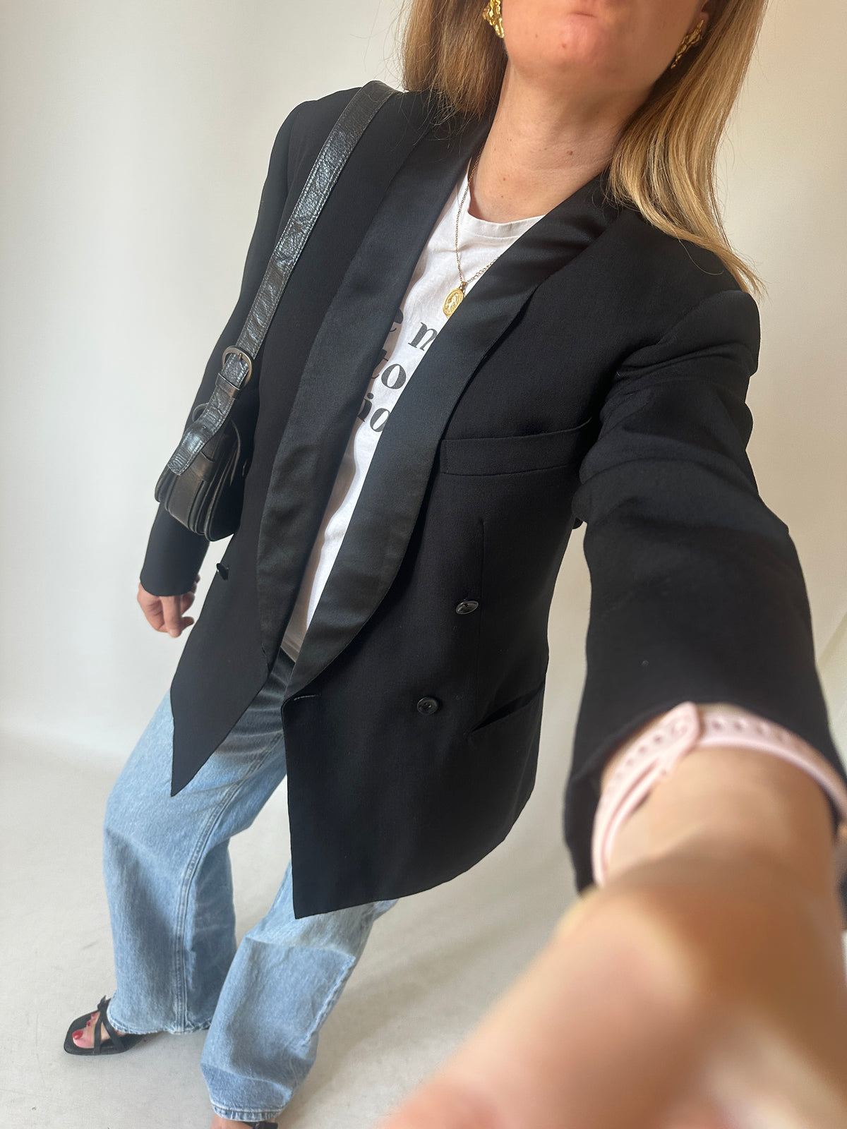 Tailored black double-breast smoking blazer