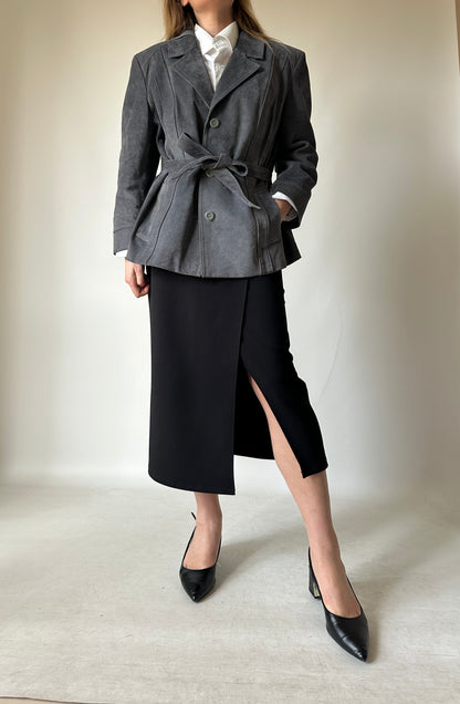 Unique grey suede jacket with belt