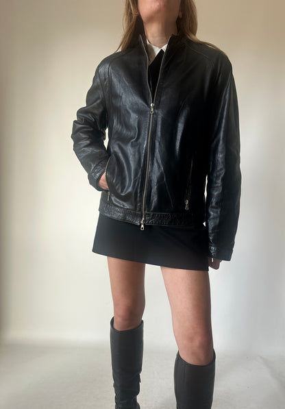 Black leather petite bomber