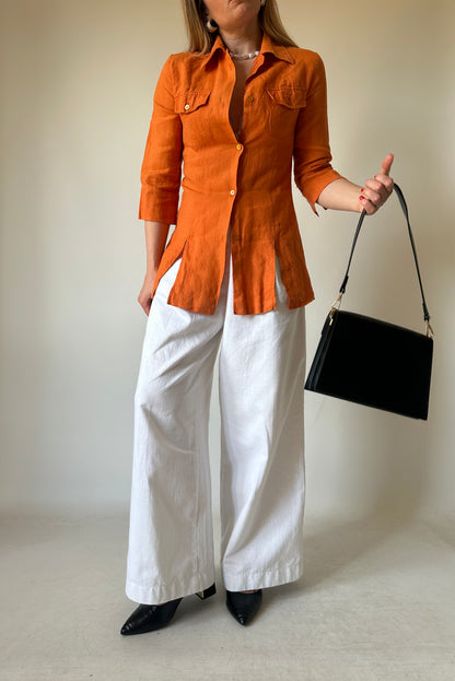 Orange 100% linen slim shirt