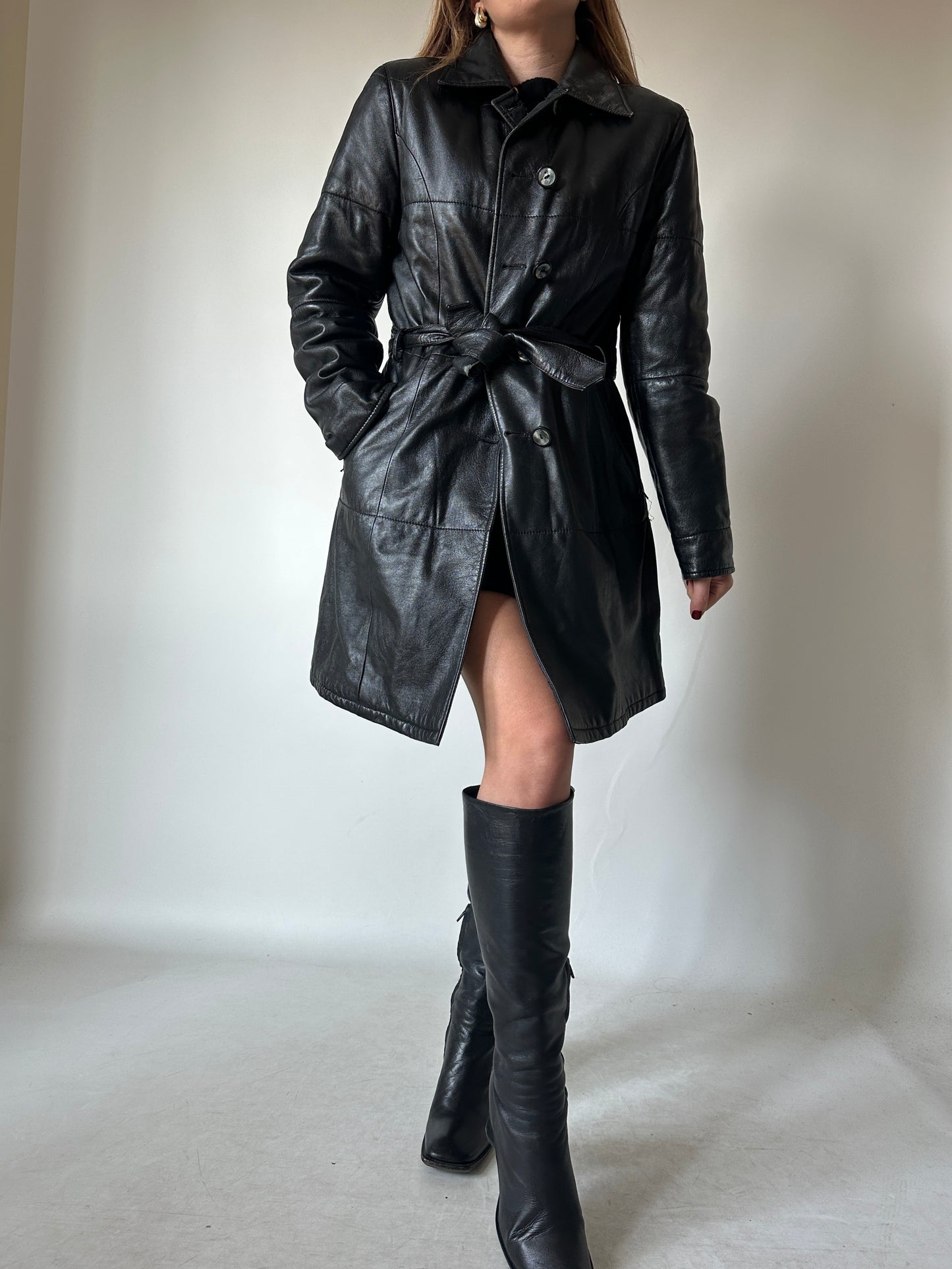 Black leather trench with belt