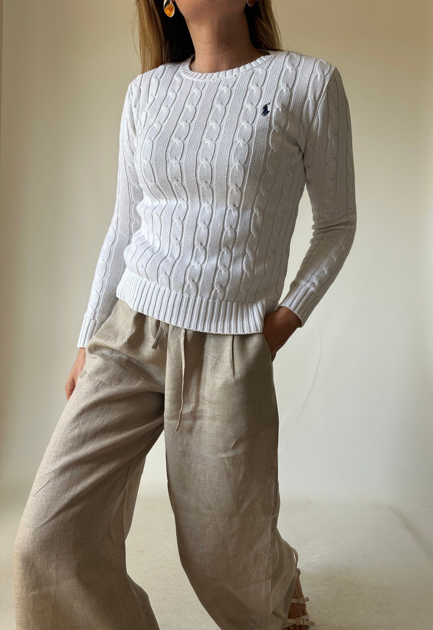 RALPH LAUREN white cable-knit petite sweater