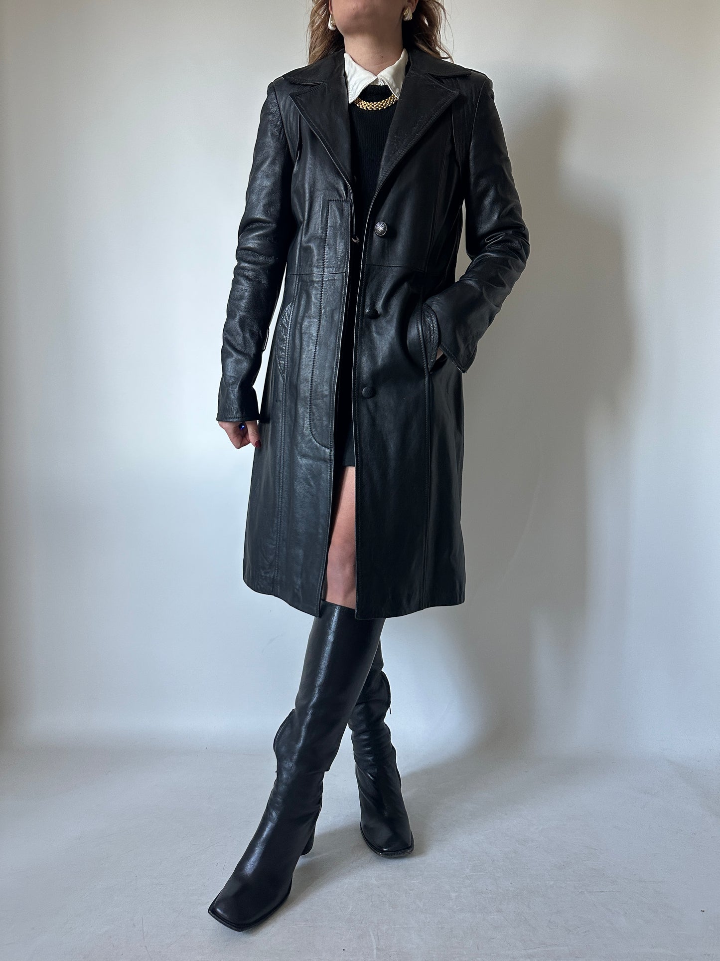 Black slim leather trench - new deadstock