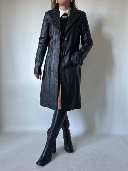 Black slim leather trench - new deadstock