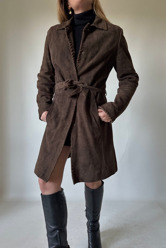 Unique chocolate suede leather trench