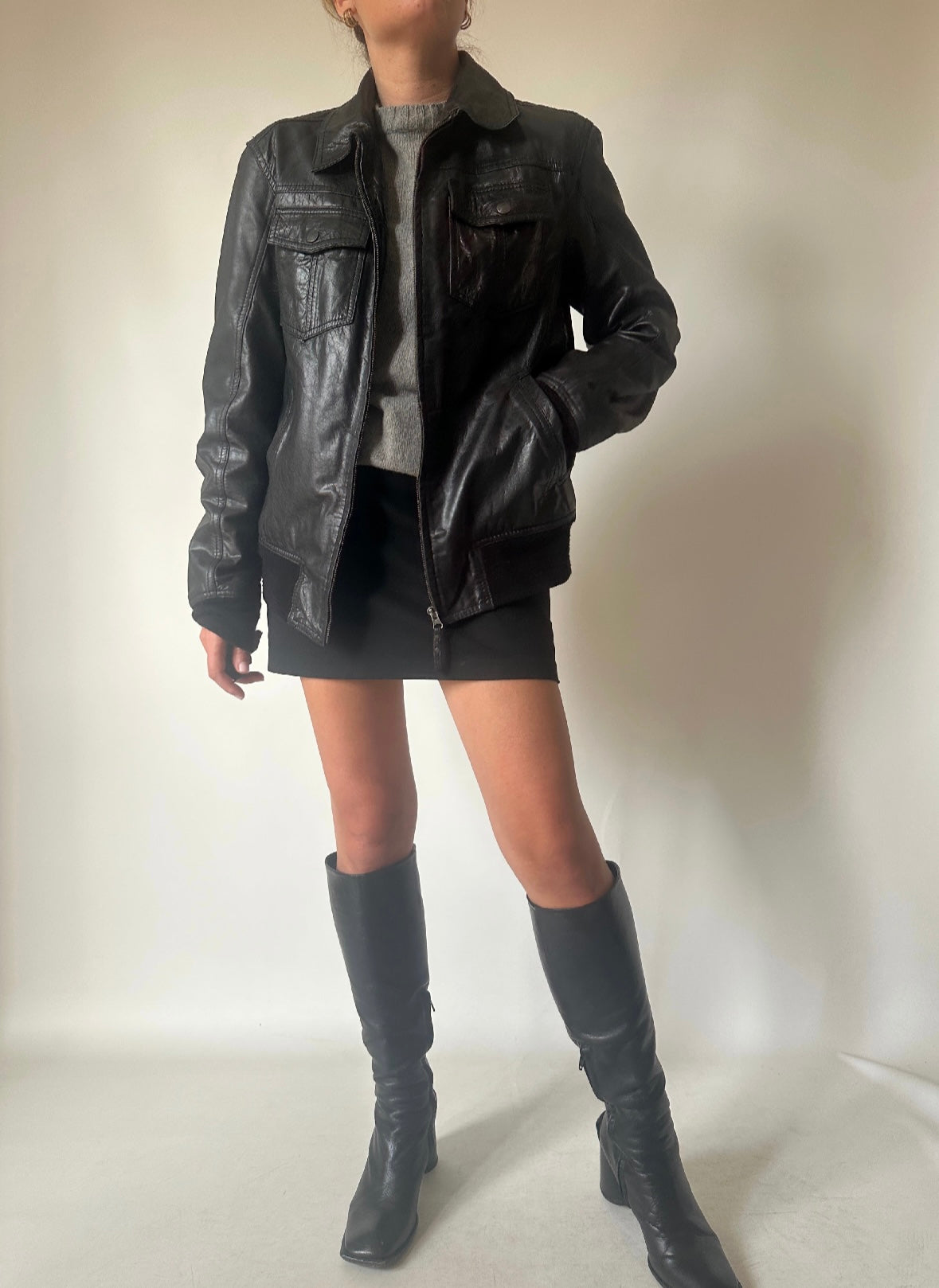 Slim black leather bomber