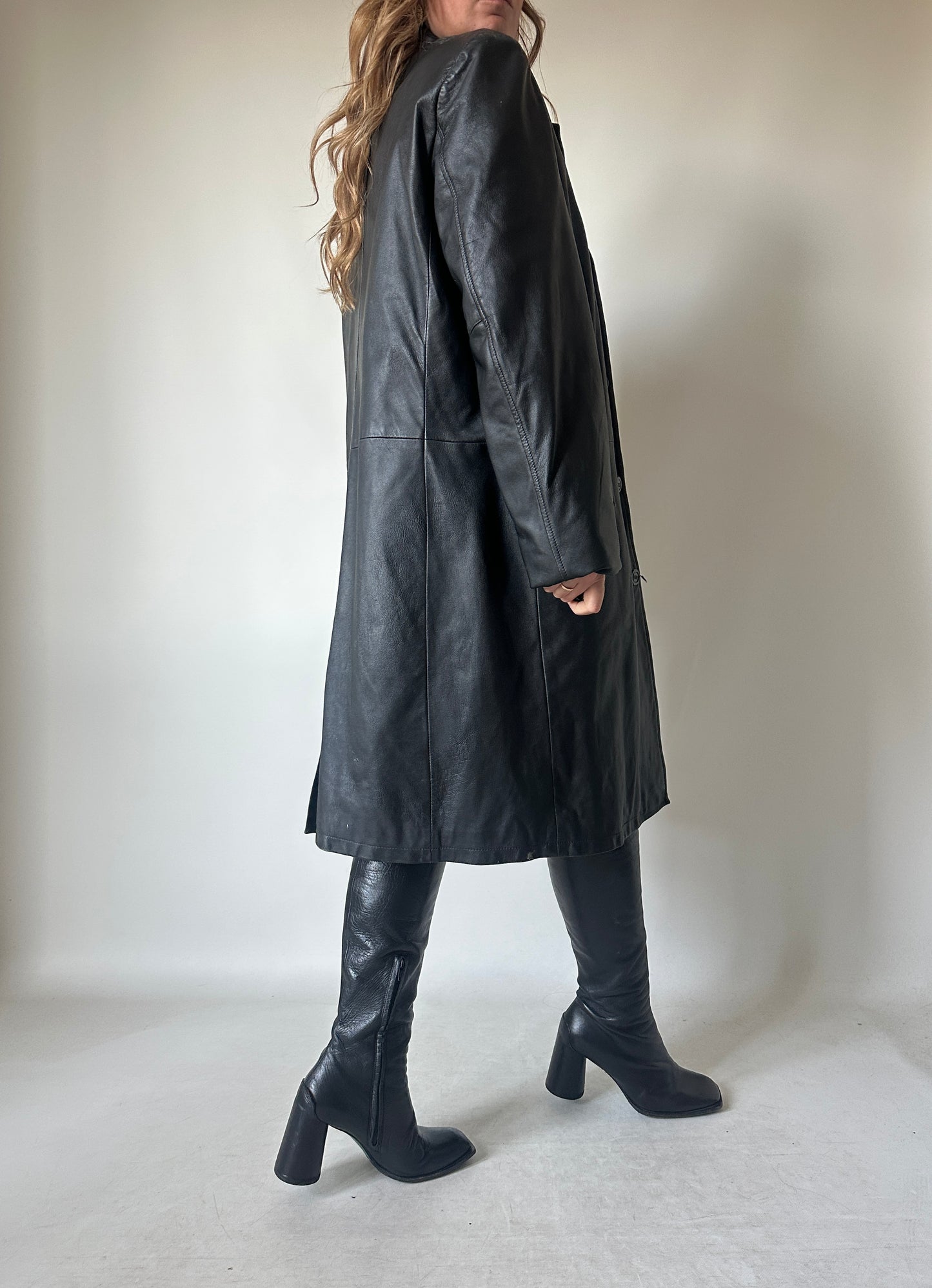 Long leather black coat