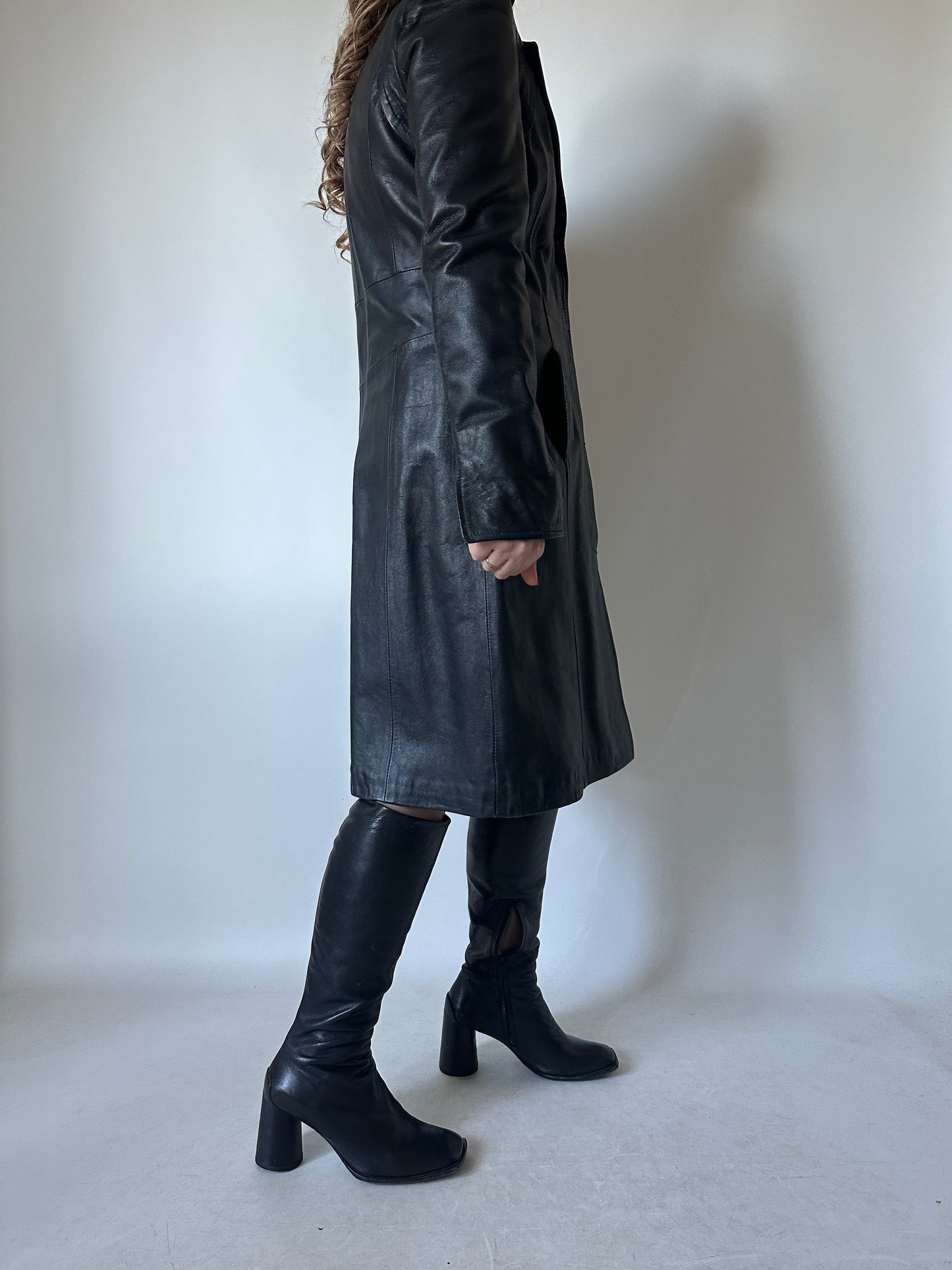 Black slim leather trench - new deadstock
