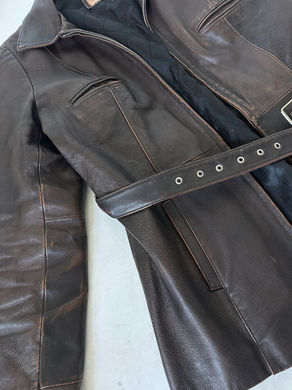 Chocolate distressed leather jacket with belt