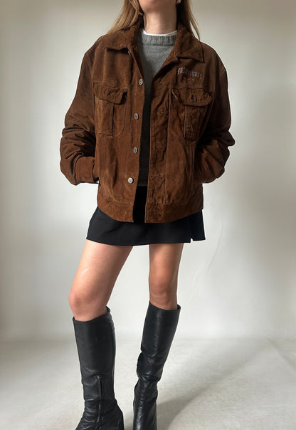 Casual chocolate suede bomber