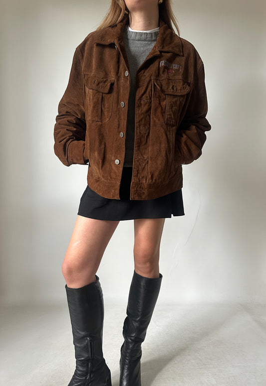 Casual chocolate suede bomber