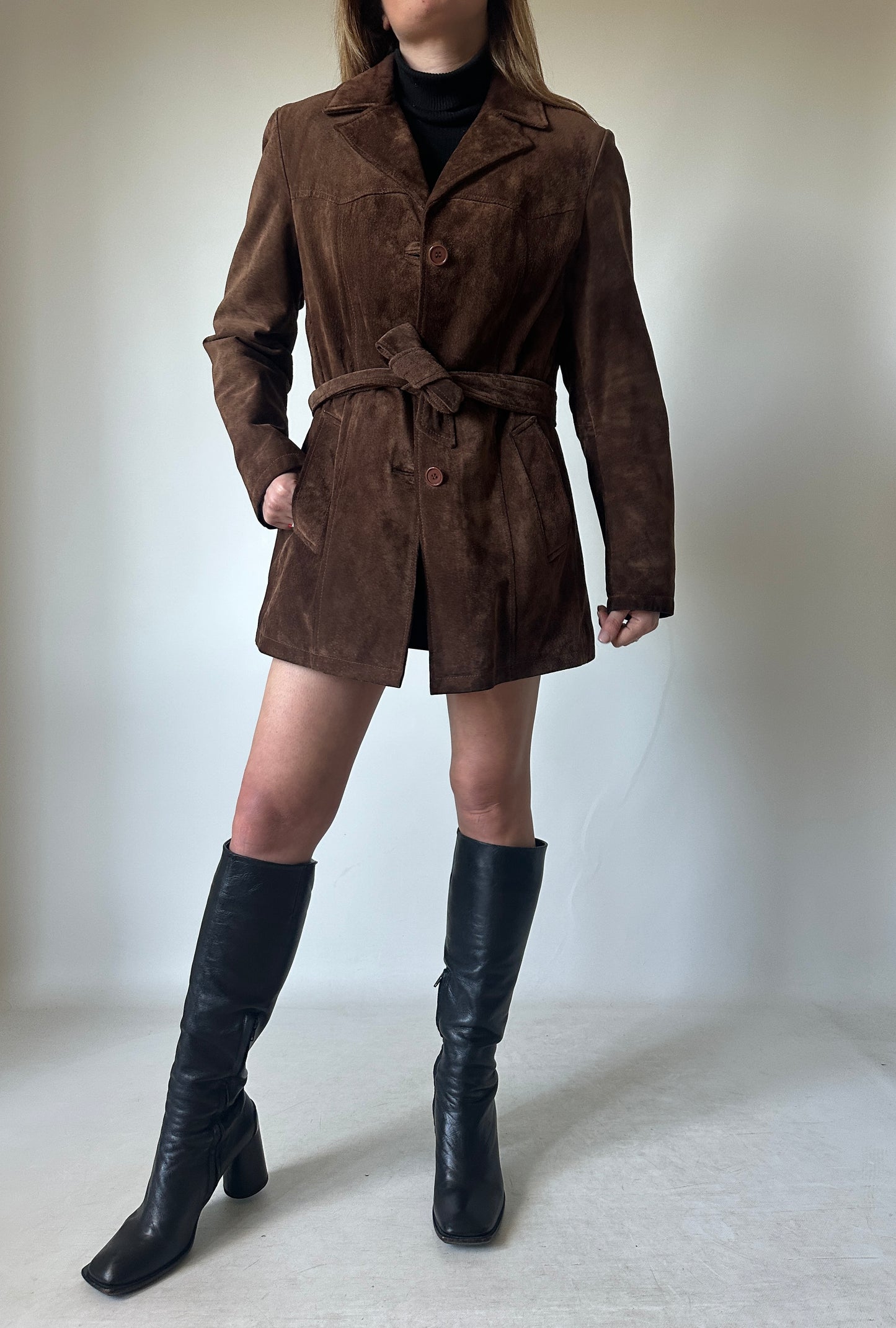 Chocolate suede jacket with belt