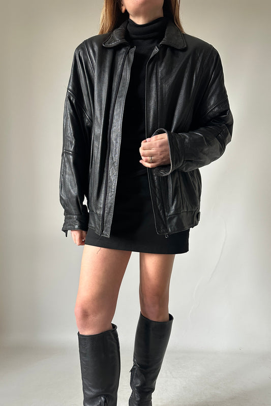 Minimal black leather bomber