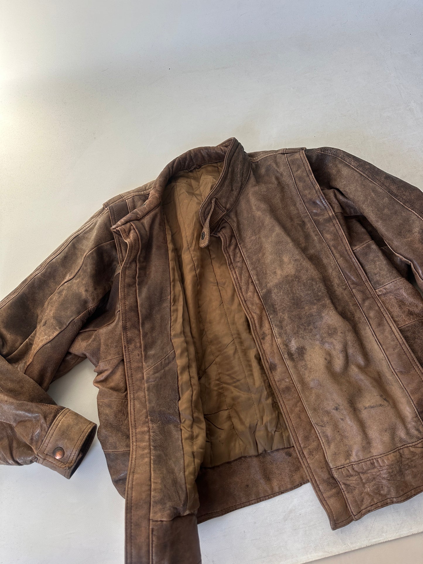 Unique brown distressed bomber