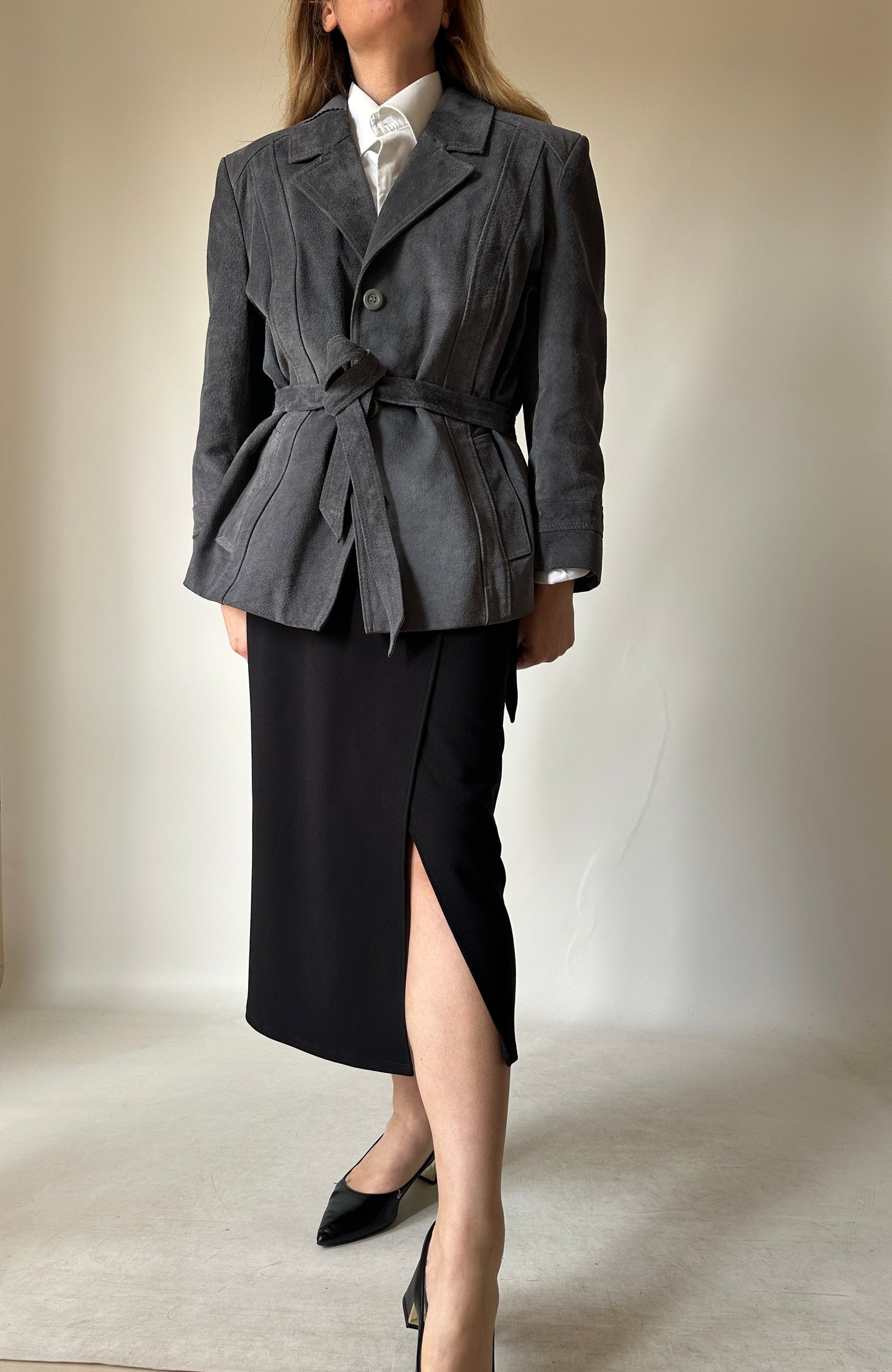 Unique grey suede jacket with belt