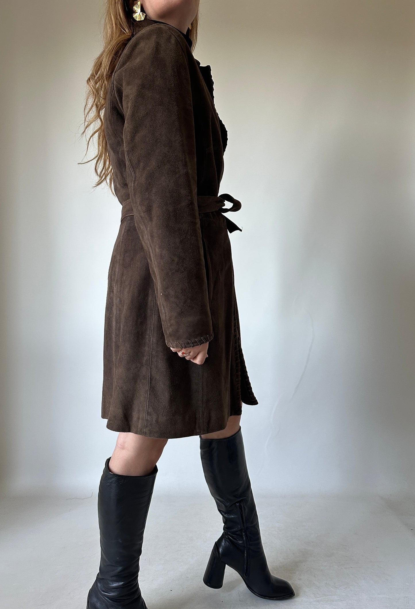 Unique chocolate suede leather trench
