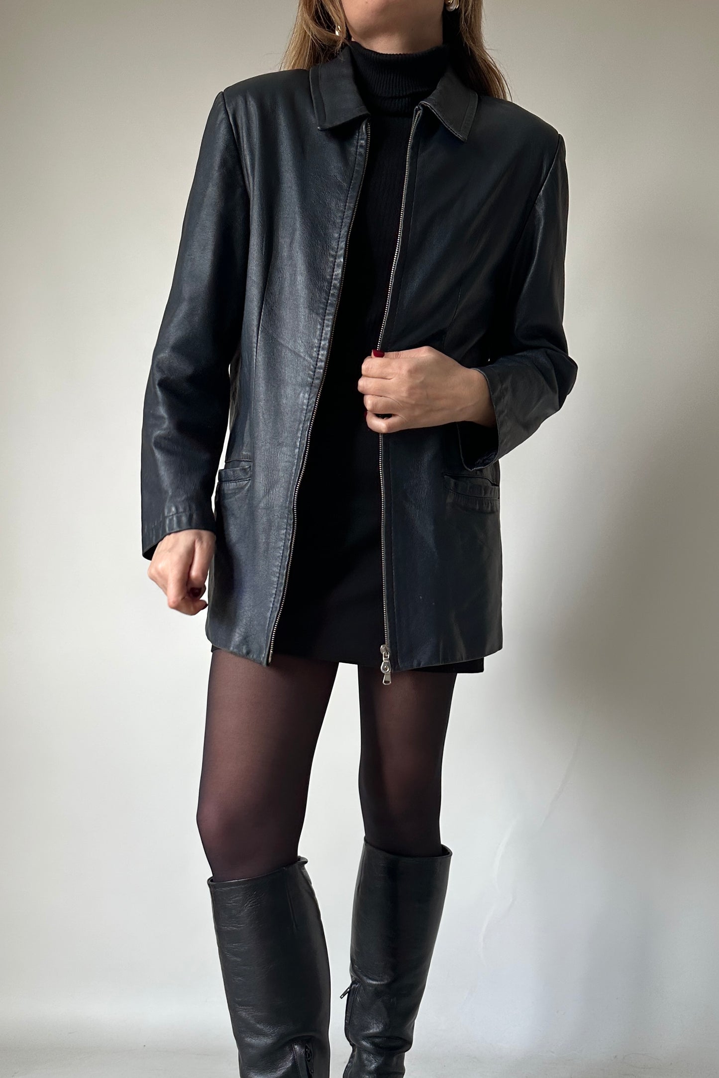 Minimal navy leather jacket