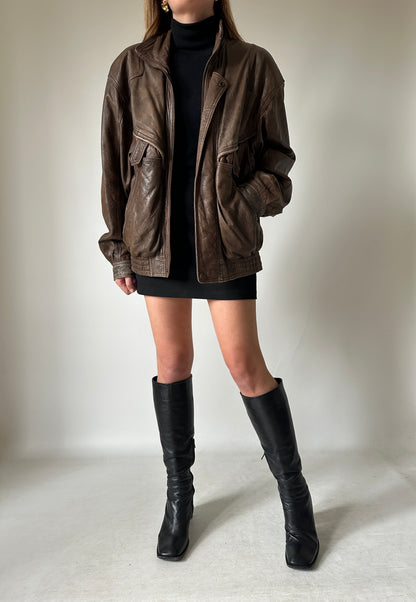 Chocolate used leather bomber