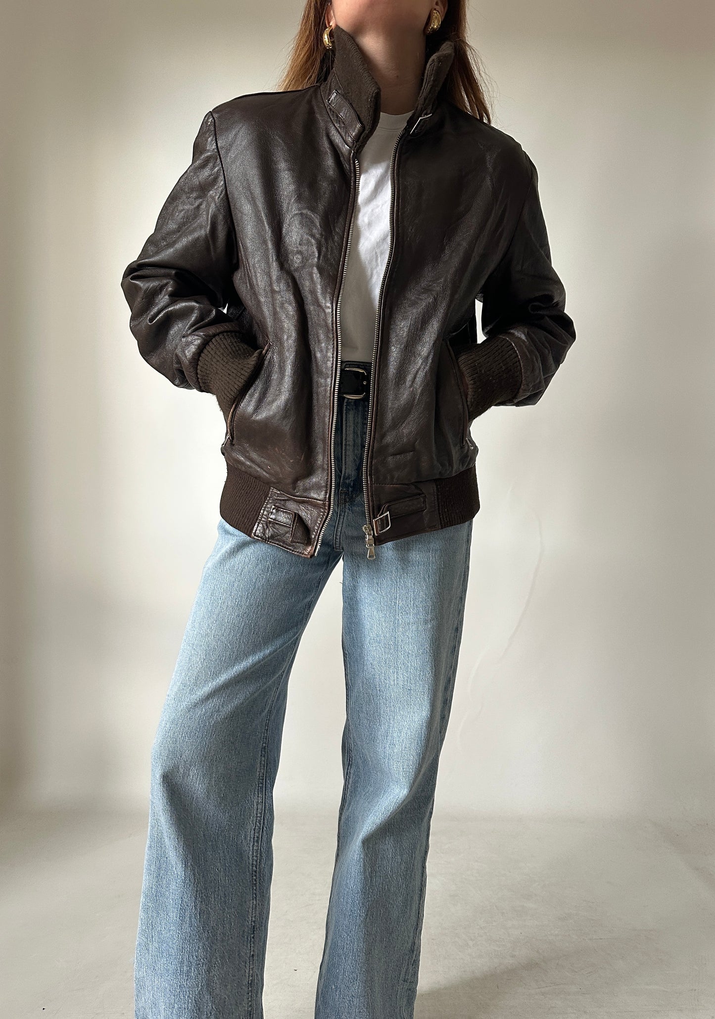 Chocolate leather bomber