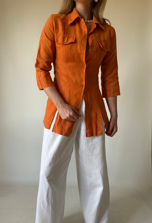 Orange 100% linen slim shirt