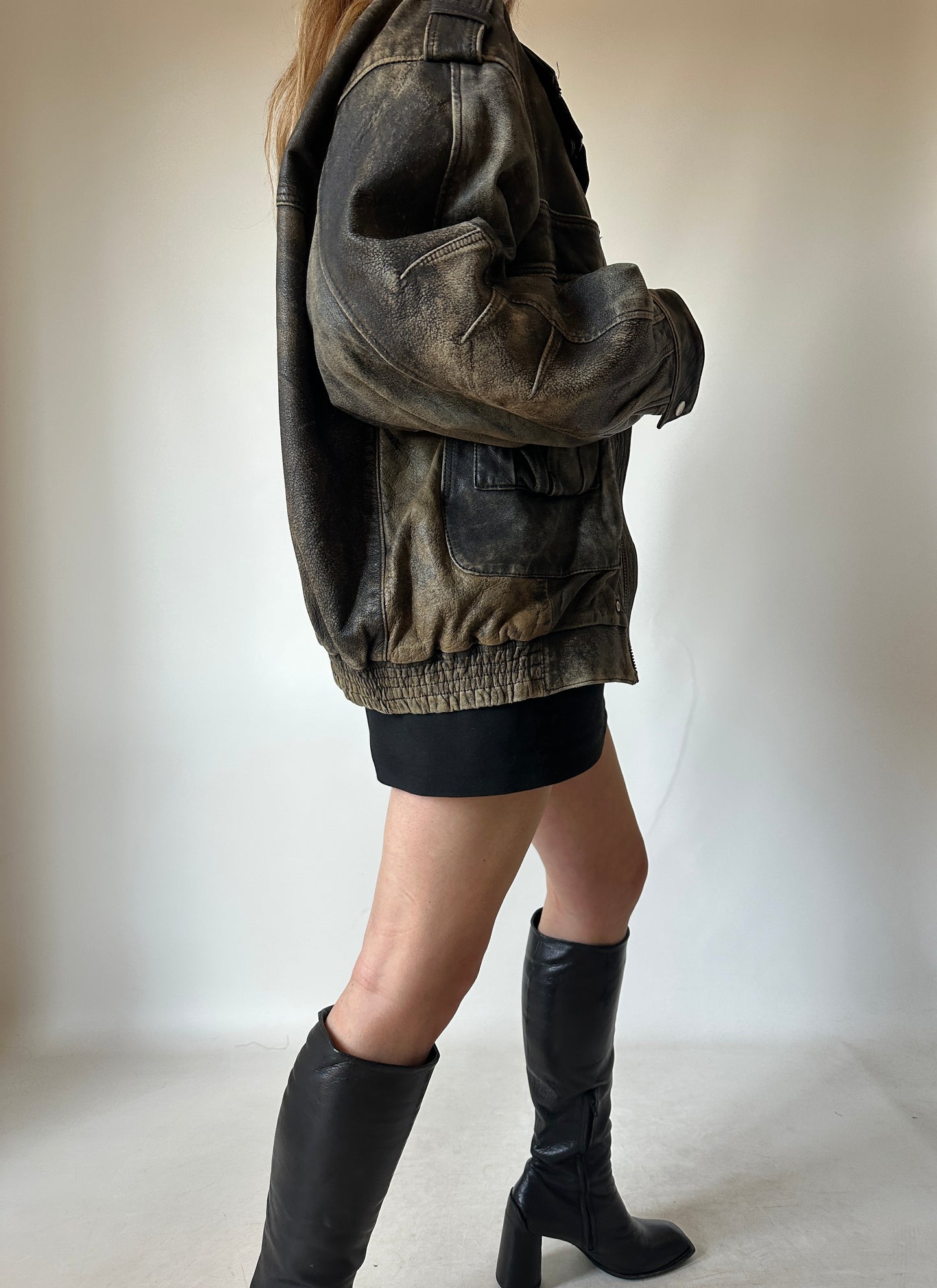 Unique distressed leather bomber