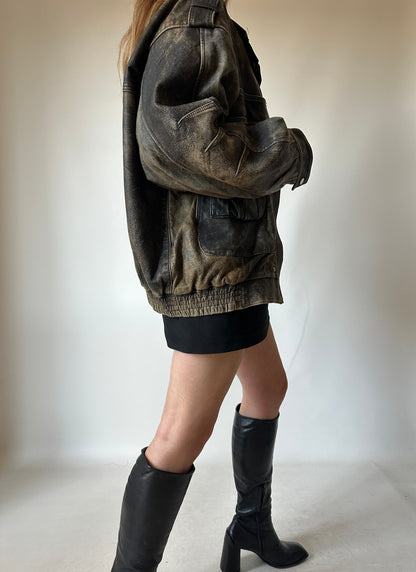 Unique distressed leather bomber