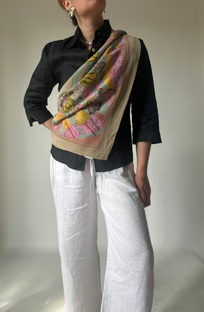 Foulard stampato rosa e beige pura seta