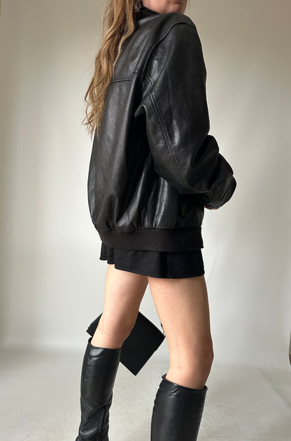 Evergreen black leather bomber