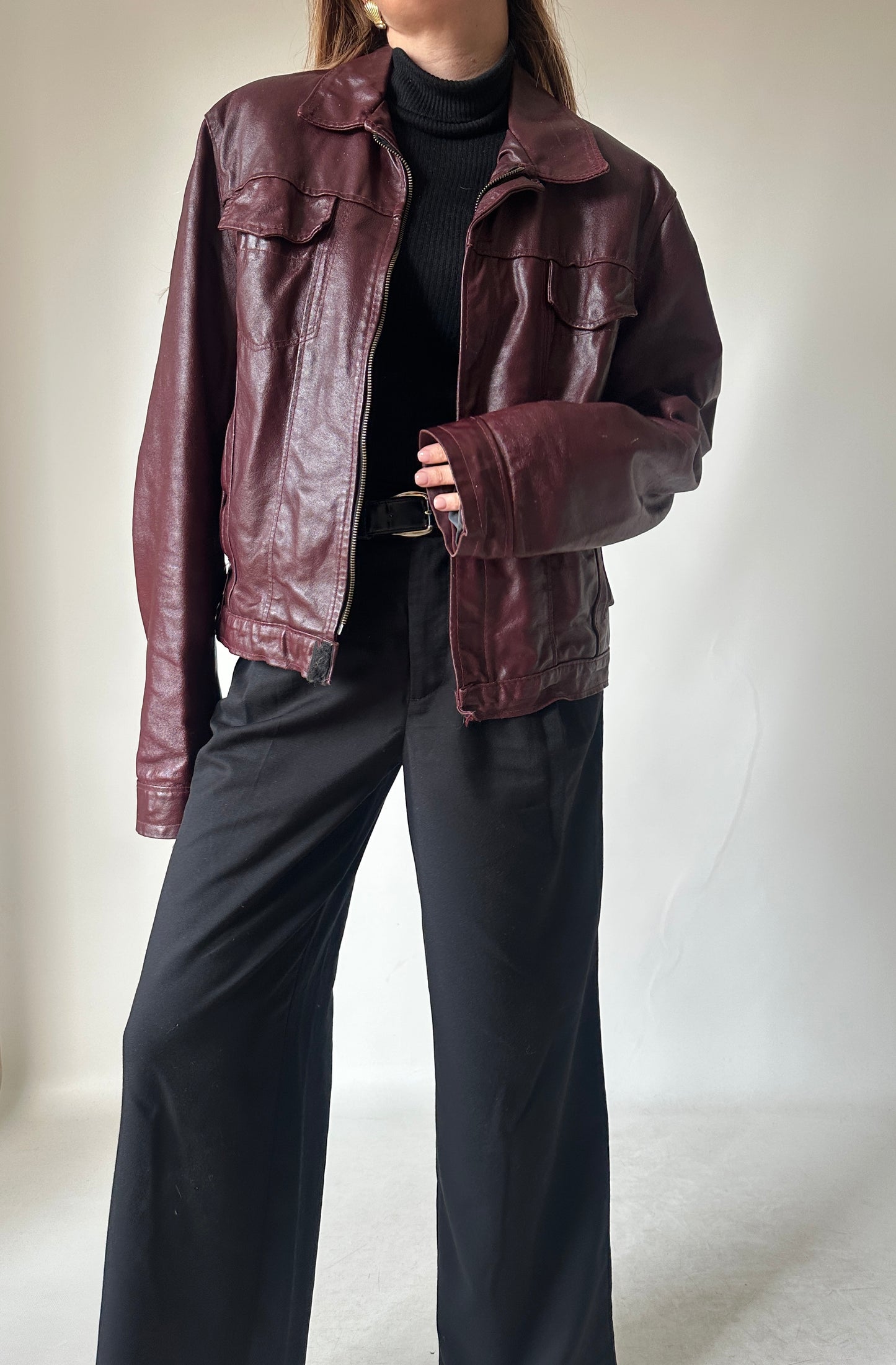 Burgundy minimal leather jacket