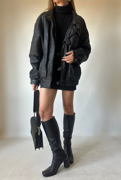 Oversize Paris black leather bomber