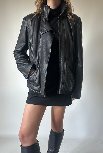 Leather black petite bomber